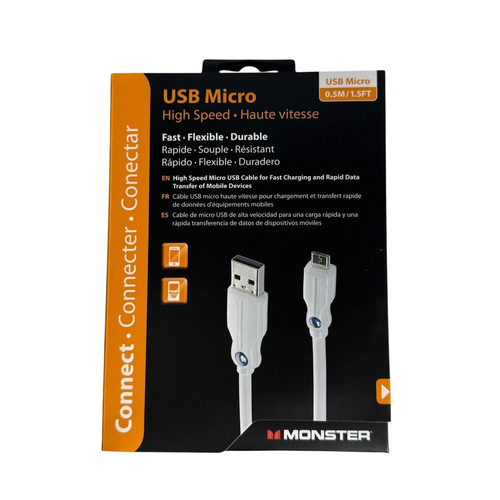 Monster High Speed Micro to USB-A Cable 1.5ft White‎ Fast Charging Data Transfer